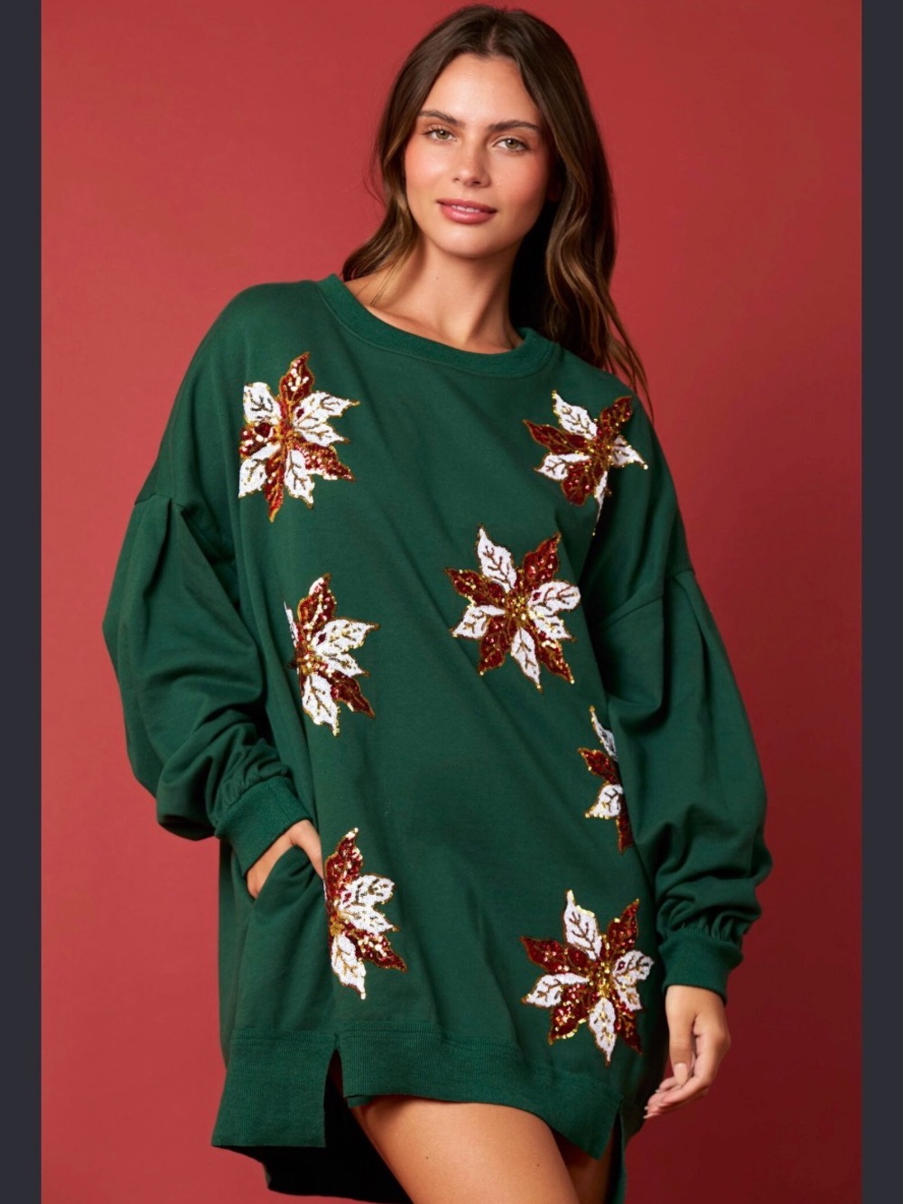 Peach Love Long Sleeve Embroidered Sequin Poinsettia Tunic Top NWOT
